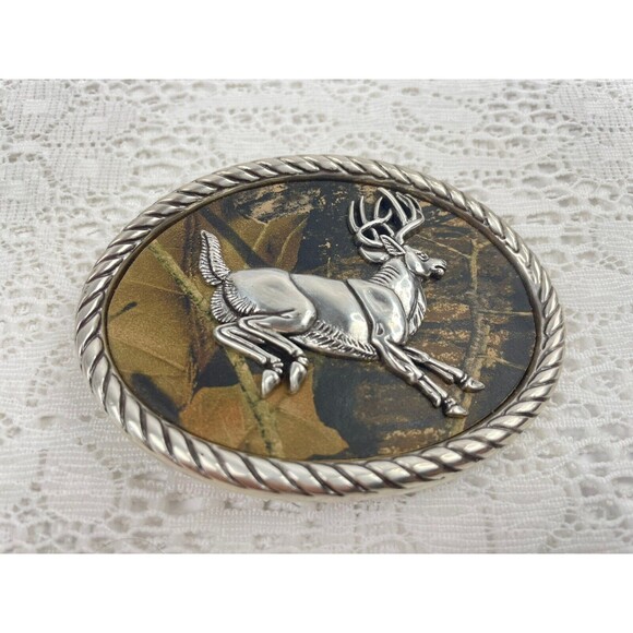 Running Jumping Deer in Nature Vintage Nocona Belt Buckle W/  camouflage backing - Picture 1 of 7